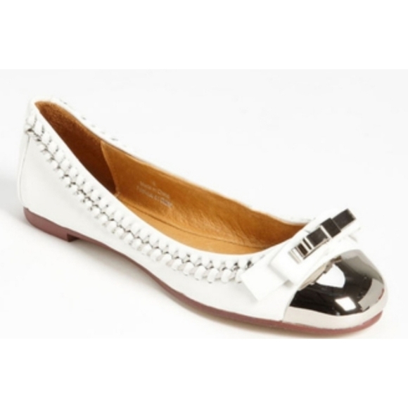 Jeffrey Campbell Carrie B White Leather Chain Metal Cap Toe Bow Ballet Flats 6 - Picture 9 of 9